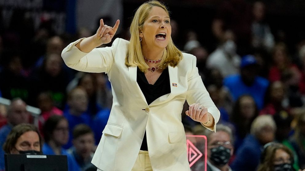 Maryland head coach Brenda Frese reacts during the second half of a college basketball game against Florida Gulf Coast in the second round of the NCAA tournament, Sunday, March 20, 2022, in College Park, Md. Maryland won 89-65. (AP Photo/Julio Cortez)