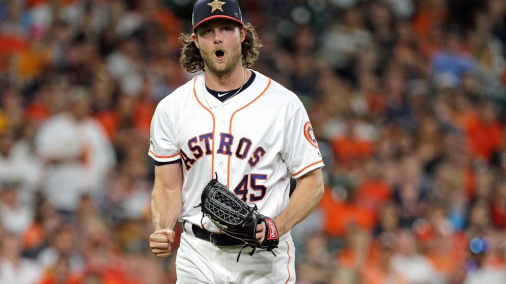 Houston Astros starting pitcher Gerrit Cole reacts after striking out Los Angeles Angels' Kole Calhoun during the sixth inning of a baseball game Saturday, July 6, 2019, in Houston. (AP Photo/David J. Phillip)
