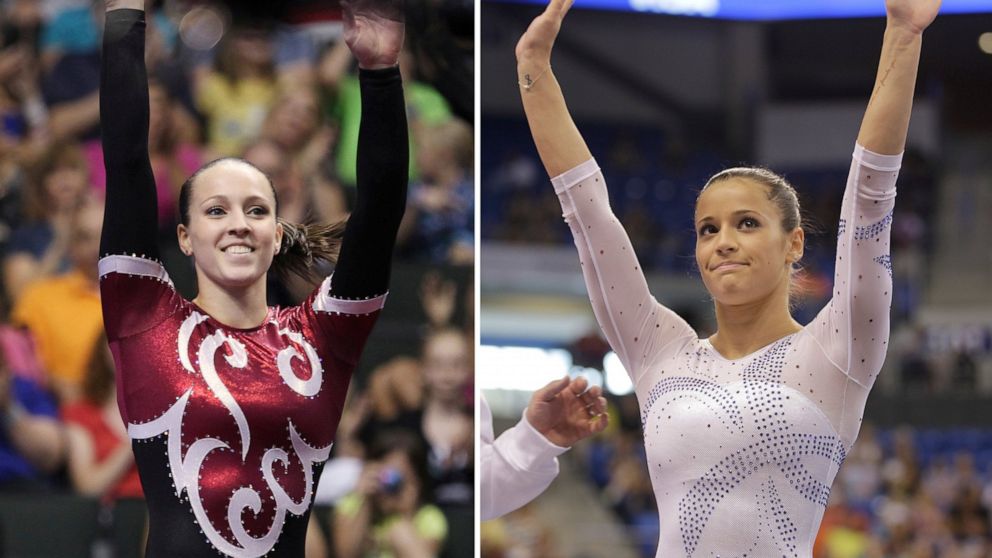 FILE - At left, Chellsie Memmel is shown during the final round of the U.S. gymnastics championships, Saturday, Aug. 20, 2011, in St. Paul, Minn. At right, Alicia Sacramone waves to the crowd during the women's senior division at the U.S. gymnastics 