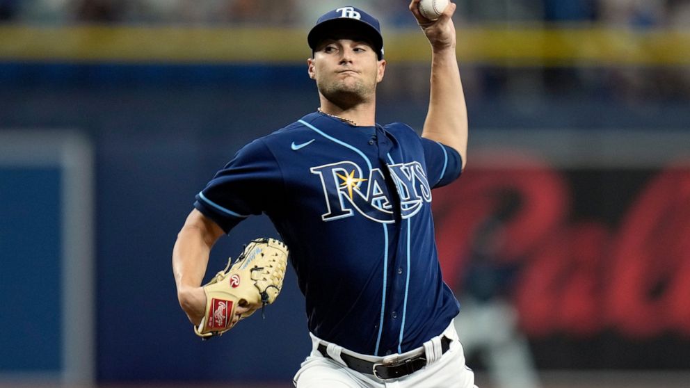 Tampa Bay Rays starting pitcher Shane McClanahan delivers to the St. Louis Cardinals during the first inning of a baseball game Thursday, June 9, 2022, in St. Petersburg, Fla. (AP Photo/Chris O'Meara)
