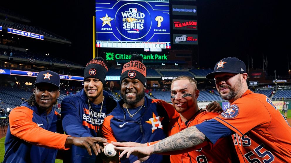 Houston Astross relief pitcher Rafael Montero, relief pitcher Bryan Abreu, starting pitcher Cristian Javier, catcher Christian Vazquez, and relief pitcher Ryan Pressly, from left, celebrate a combined no hitter after Game 4 of baseball's World Series