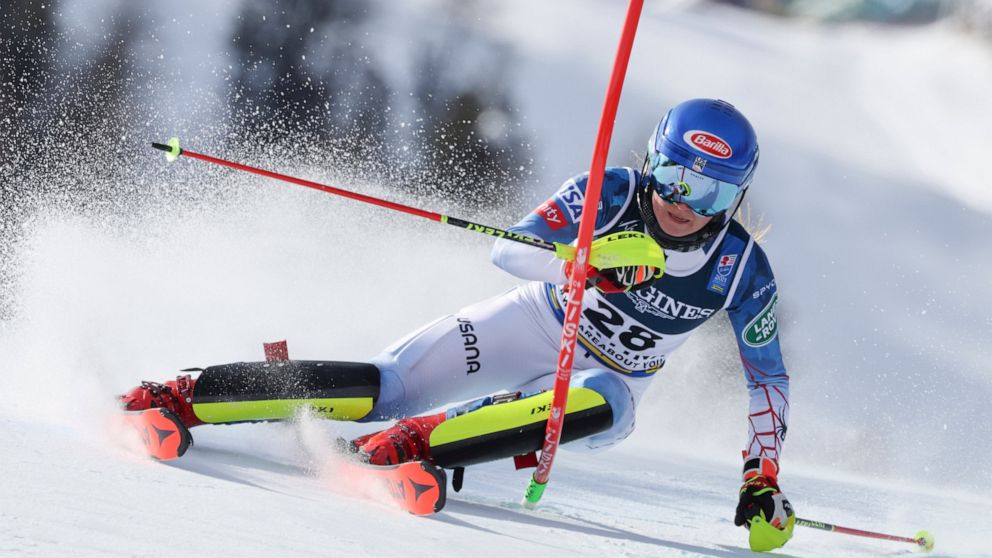 FILE - Mikaela Shiffrin competes during the slalom portion of the women's combined race at the alpine ski World Championships in Cortina d'Ampezzo, Italy, in this Monday, Feb. 15, 2021, file photo. Shiffrin is certain she wants to participate in ever