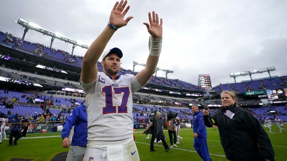 Buffalo Bills quarterback Josh Allen (17) waves to fans as he leaves the field after a 23-20 win over the Baltimore Ravens in an NFL football game Sunday, Oct. 2, 2022, in Baltimore. (AP Photo/Julio Cortez)