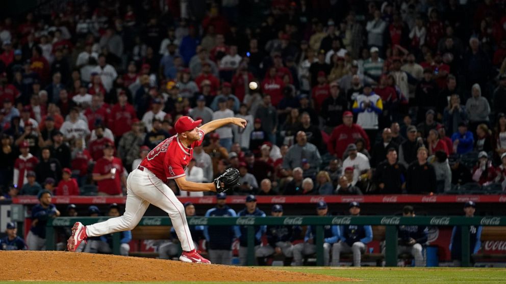 Los Angeles Angels starting pitcher Reid Detmers (48) throws during the ninth inning of a baseball game against the Tampa Bay Rays in Anaheim, Calif., Tuesday, May 10, 2022. (AP Photo/Ashley Landis)