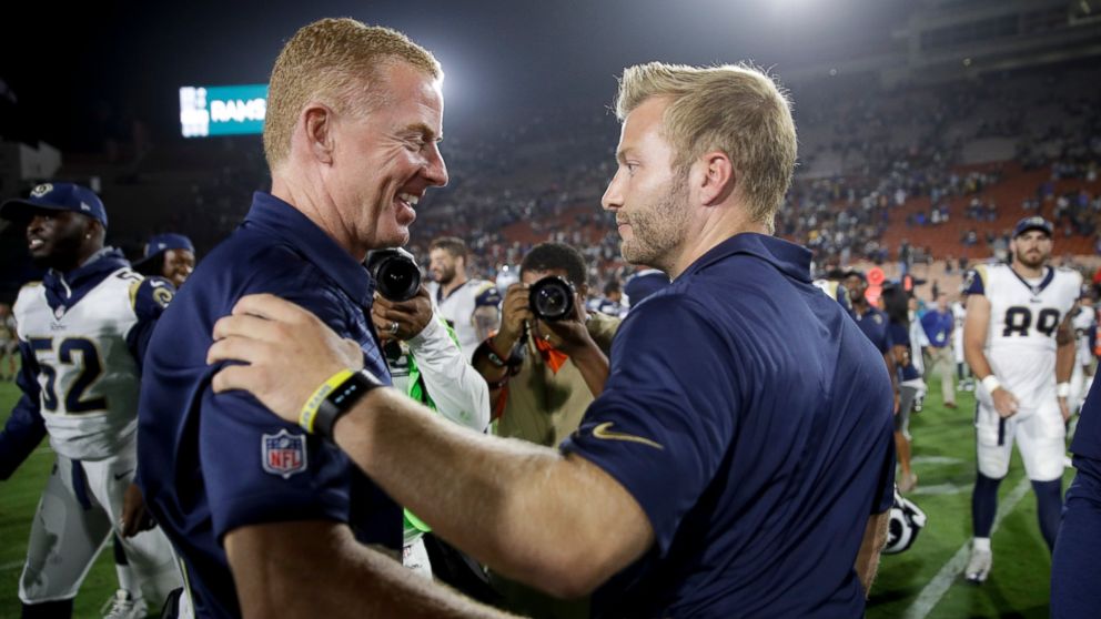 FILE - In this Aug. 12, 2017, file photo, Los Angeles Rams head coach Sean McVay , right, greets Dallas Cowboys head coach Jason Garrett, left, after a preseason NFL football game, in Los Angeles. The Rams and Cowboys meet in a divisional playoff gam