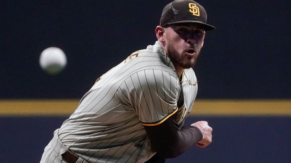 San Diego Padres starting pitcher Joe Musgrove throws during the seventh inning of a baseball game against the Milwaukee Brewers Friday, June 3, 2022, in Milwaukee. (AP Photo/Morry Gash)