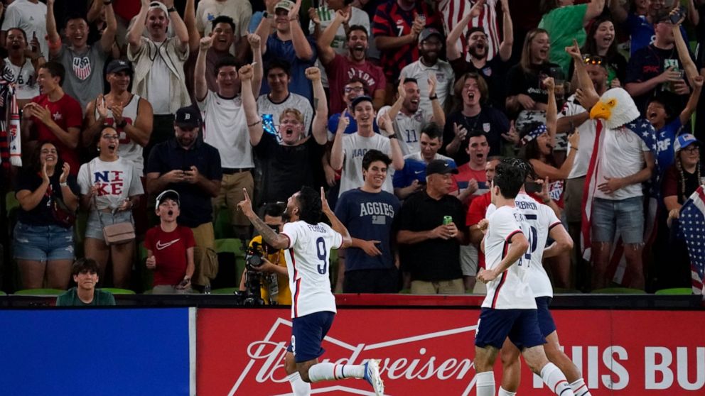 U.S. forward Jesus Ferriera (9) celebrates his goal against the Grenada during the first half of a CONCACAF Nations League soccer match in Austin, Texas, Friday, June 10, 2022. (AP Photo/Chuck Burton)