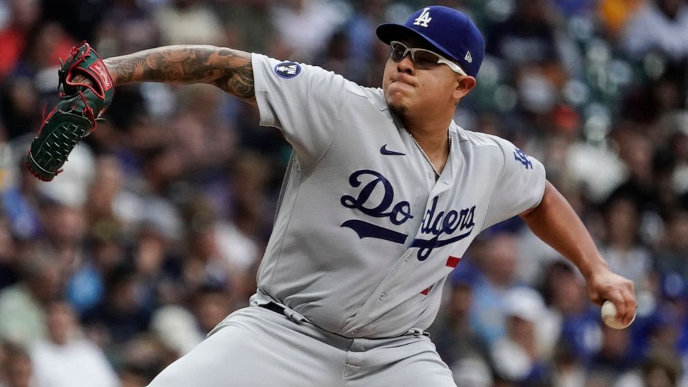 Los Angeles Dodgers starting pitcher Julio Urias throws during the first inning of a baseball game against the Milwaukee Brewers Monday, Aug. 15, 2022, in Milwaukee. (AP Photo/Morry Gash)