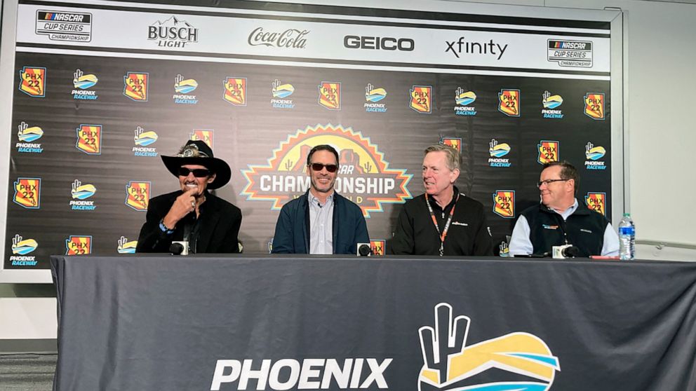 Richard Petty, Jimmie Johnson, Maury Gallagher, and Petty GMS team president Mike Beam, from left, are shown at a press conference at Phoenix Raceway in Avondale, Ariz., Friday, Nov. 4, 2022. Jimmie Johnson's NASCAR retirement and IndyCar experiment 