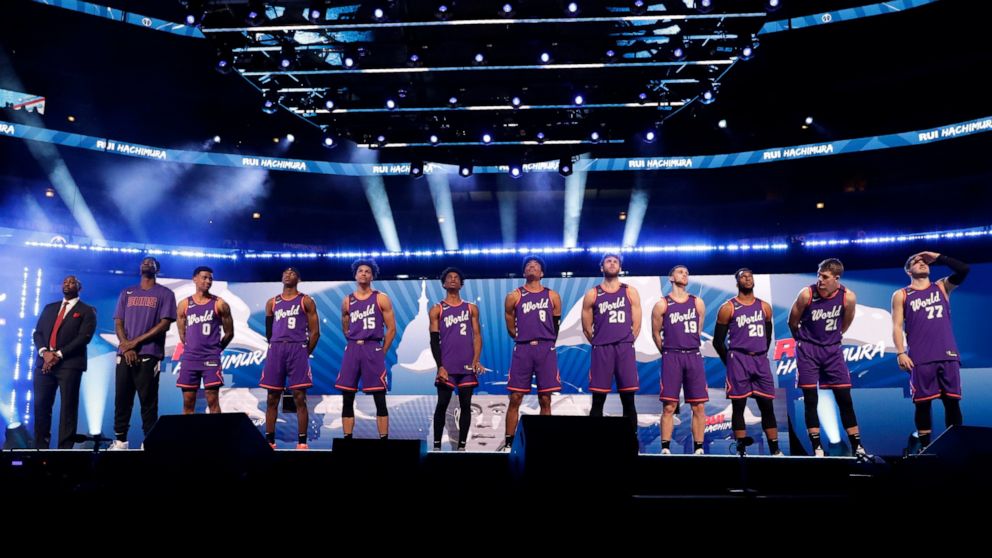 The World Team is introduced at the NBA Rising Stars basketball game in Chicago, Friday, Feb. 14, 2020. (AP Photo/Nam Y. Huh)