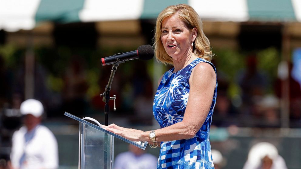 FILE -Chris Evert speaks during the induction ceremony at the International Tennis Hall of Fame in Newport, R.I., Saturday, July 12, 2014. Former tennis star Chris Evert says she was diagnosed with an early stage of ovarian cancer. The 67-year-old Ev