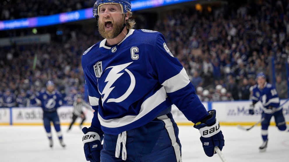 FILE - Tampa Bay Lightning center Steven Stamkos reacts after his goal during the first period of Game 6 of the NHL hockey Stanley Cup Finals against the Colorado Avalanche on Sunday, June 26, 2022, in Tampa, Fla. Three months after falling short in 
