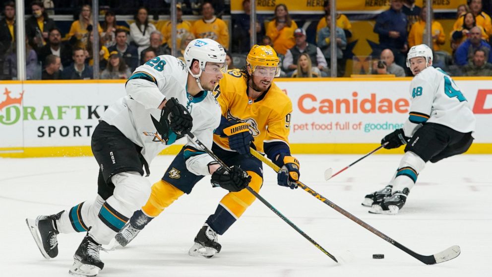 FILE - San Jose Sharks' Timo Meier (28) and Nashville Predators' Matt Duchene (95) chase the puck in the second period of an NHL hockey game Tuesday, April 12, 2022, in Nashville, Tenn. The San Jose Sharks and the Nashville Predators will play regula