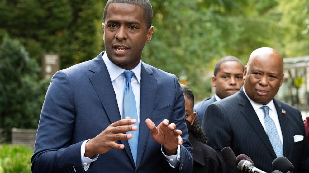 FILE - Bakari Sellers, the attorney for the families of victims killed in the 2015 Mother Emanuel AME Church massacre, speaks with reporters outside the Justice Department, in Washington, Thursday, Oct. 28, 2021. A lawsuit alleging the rampant sexual