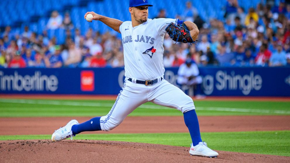 Toronto Blue Jays starting pitcher Jose Berrios throws to a Philadelphia Phillies batter during the first inning of a baseball game Tuesday, July 12, 2022, in Toronto. (Christopher Katsarov/The Canadian Press via AP)