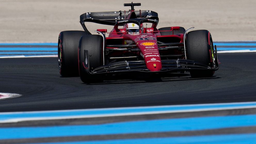 Ferrari driver Charles Leclerc of Monaco steers his car during the qualifying session for the French Formula One Grand Prix at Paul Ricard racetrack in Le Castellet, southern France, Saturday, July 23, 2022. The French Grand Prix will be held on Sund