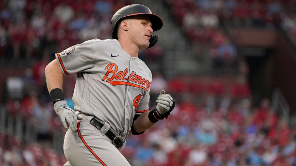 Baltimore Orioles' Tyler Nevin rounds the bases after hitting a solo home run during the fourth inning of a baseball game against the St. Louis Cardinals Tuesday, May 10, 2022, in St. Louis. (AP Photo/Jeff Roberson)