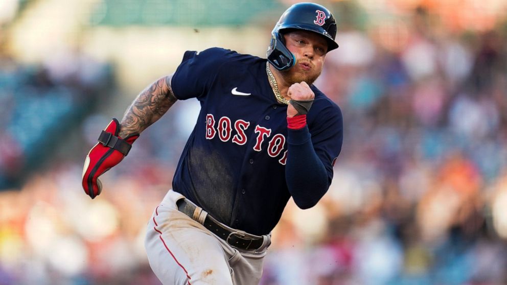 Boston Red Sox' Christian Vazquez (7) runs to third during the second inning of a baseball game against the Los Angeles Angels in Anaheim, Calif., Monday, June 6, 2022. (AP Photo/Ashley Landis)