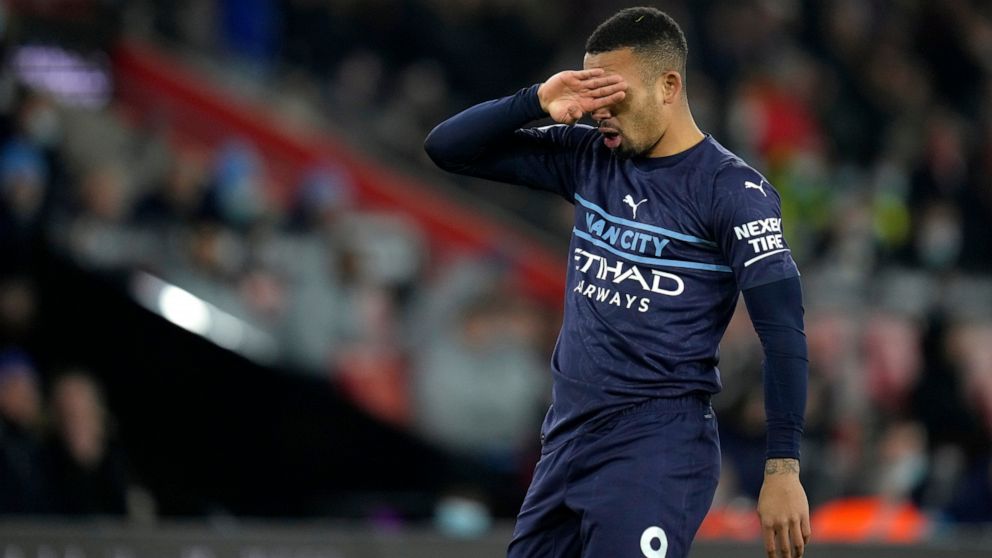 Manchester City's Gabriel Jesus gestures during the English Premier League soccer match between Southampton and Manchester City at St Mary's stadium in Southampton, England, Saturday, Jan. 22, 2022. (AP Photo/Kirsty Wigglesworth)