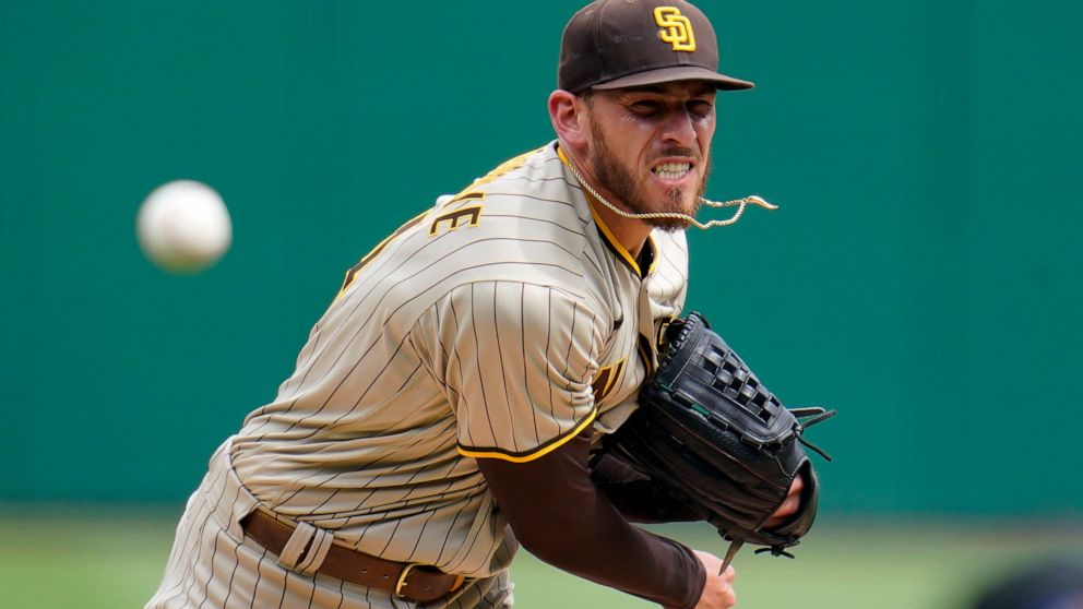 San Diego Padres starting pitcher Joe Musgrove delivers during the first inning of a baseball game against the San Diego Padres in Pittsburgh, Sunday, May 1, 2022. (AP Photo/Gene J. Puskar)