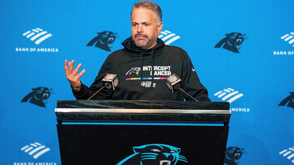 Carolina Panthers head coach Matt Rhule speaks during a news conference after their loss against the San Francisco 49ers during an NFL football game on Sunday, Oct. 9, 2022, in Charlotte, N.C. The Panthers have fired coach Matt Rhule following a 1-4 