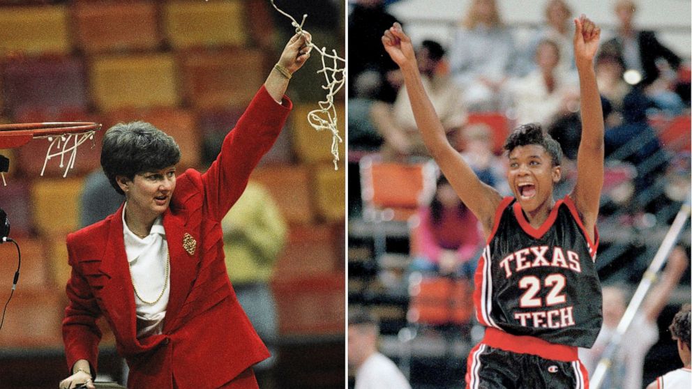 FILE - Texas Tech head coach Marsha Sharp waves the cut net, left, and Texas Tech's Sheryl Swoopes leaps with joy, right, after Texas Tech defeated Ohio State 84-82 in the finals of the NCAA Division 1 Women's Basketball Championship, Sunday, April 4