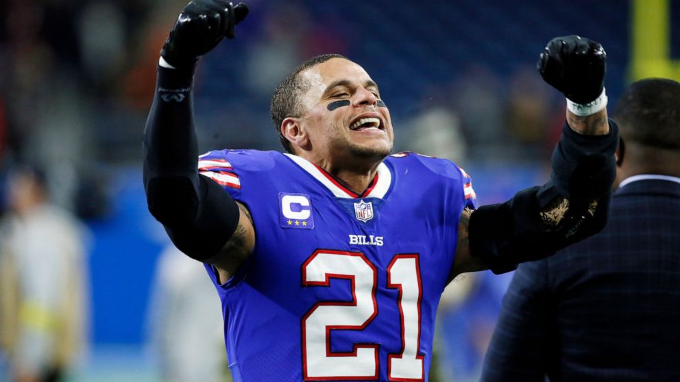 Buffalo Bills safety Jordan Poyer acknowledges the fans after an NFL football game against the Cleveland Browns, Sunday, Nov. 20, 2022, in Detroit. (AP Photo/Duane Burleson)