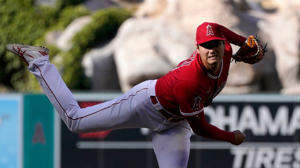 Los Angeles Angels starting pitcher Shohei Ohtani throws to the plate during the sixth inning of a baseball game against the Tampa Bay Rays Wednesday, May 11, 2022, in Anaheim, Calif. (AP Photo/Mark J. Terrill)