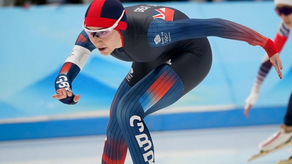 Ellia Smeding of Britain competes in the women's speedskating 1,500-meter race at the 2022 Winter Olympics, Monday, Feb. 7, 2022, in Beijing. (AP Photo/Ashley Landis)