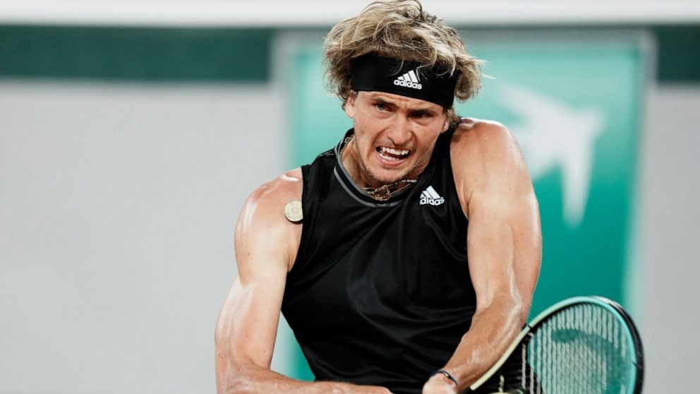 Germany's Alexander Zverev plays a return to Serbia's Laslo Djere during their third round match on day 6, of the French Open tennis tournament at Roland Garros in Paris, France, Friday, June 4, 2021. (AP Photo/Thibault Camus)
