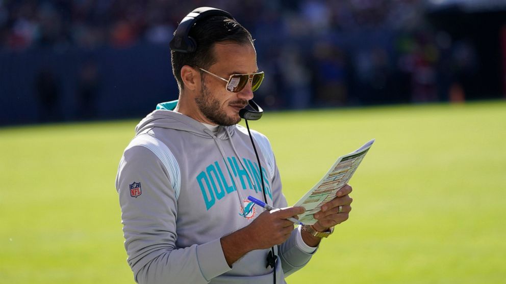 Miami Dolphins head coach Mike McDaniel looks on during the first half of an NFL football game against the Chicago Bears, Sunday, Nov. 6, 2022 in Chicago. (AP Photo/Charles Rex Arbogast)