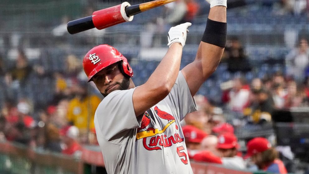 St. Louis Cardinals' Albert Pujols warms up in the on-deck circle before batting against the Pittsburgh Pirates during the first inning of a baseball game, Monday, Oct. 3, 2022, in Pittsburgh. (AP Photo/Keith Srakocic)
