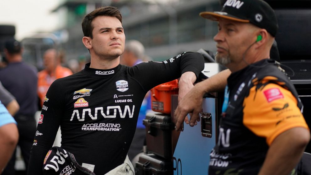 Pato O'Ward, of Mexico, waits during qualifications for the Indianapolis 500 auto race at Indianapolis Motor Speedway, Saturday, May 21, 2022, in Indianapolis. (AP Photo/Darron Cummings)