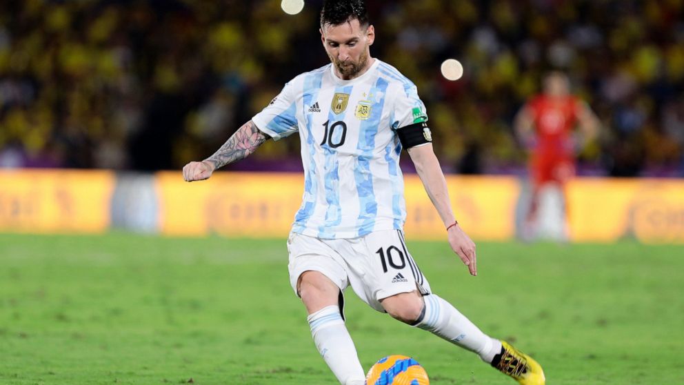 FILE - Argentina's Lionel Messi controls the ball during a qualifying soccer match against Ecuador for the FIFA World Cup Qatar 2022 at Monumental Banco Pichincha stadium in Guayaquil, Ecuador, Tuesday, March 29, 2022. (Franklin Jacome/Pool via AP)