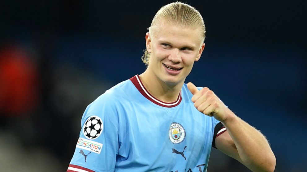 Manchester City's Erling Haaland celebrates at the end of the group G Champions League soccer match between Manchester City and Borussia Dortmund at the Etihad stadium in Manchester, England, Wednesday, Sept. 14, 2022. (AP Photo/Dave Thompson)