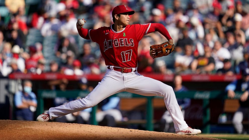 Los Angeles Angels starting pitcher Shohei Ohtani (17) throws during the fourth inning of a baseball game against the Tampa Bay Rays in Anaheim, Calif., Wednesday, May 11, 2022. (AP Photo/Ashley Landis)