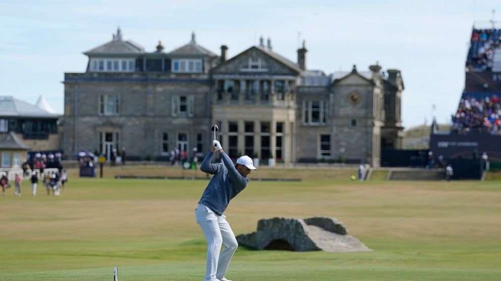 Scottie Scheffler of the US plays from the 18th tee during the second round of the British Open golf championship on the Old Course at St. Andrews, Scotland, Friday July 15, 2022. The Open Championship returns to the home of golf on July 14-17, 2022,
