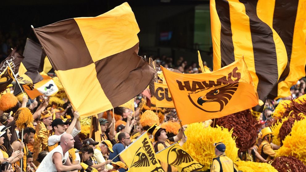 Hawthorn Hawks fans wave flags during the Australian Football League Grand Final between the Hawks and the West Coast Eagles in Melbourne, Oct. 3, 2015. The Australian Football League says, Wednesday, Sept. 21, 2022, it is investigating "very serious