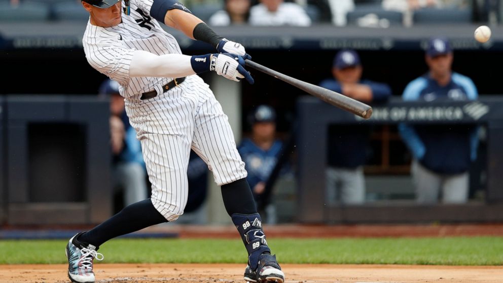 New York Yankees' Aaron Judge hits a single during the first inning a baseball game against the Tampa Bay Rays on Sunday, Sept. 11, 2022, in New York. (AP Photo/Noah K. Murray)