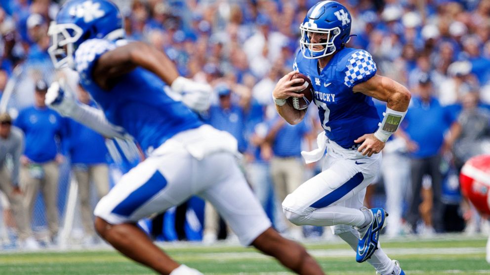 Kentucky quarterback Will Levis (7) runs the ball up the field during the first half of an NCAA college football game against Youngstown State in Lexington, Ky., Saturday, Sept. 17, 2022. (AP Photo/Michael Clubb)
