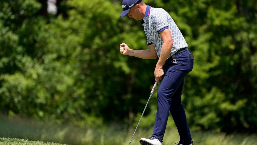 Justin Thomas reacts after a putt on the ninth hole during the second round of the U.S. Open golf tournament at The Country Club, Friday, June 17, 2022, in Brookline, Mass. (AP Photo/Charles Krupa)