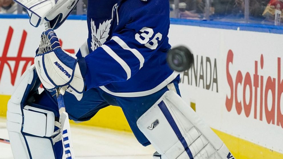 Toronto Maple Leafs goaltender Jack Campbell shoots the puck around the boards during the first period of an NHL hockey game against the Vegas Golden Knights on Tuesday, Nov. 2, 2021, in Toronto. (Evan Buhler/The Canadian Press via AP)