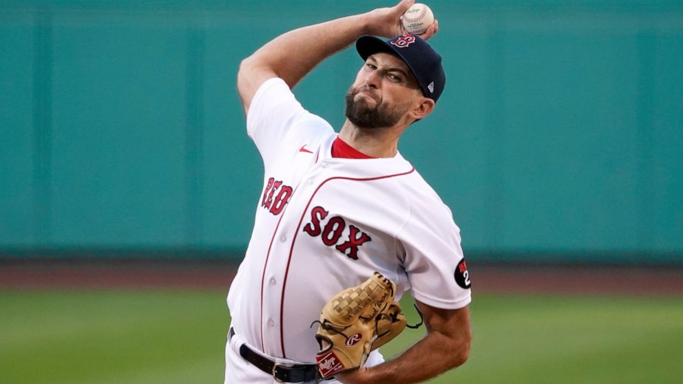 Boston Red Sox starting pitcher Michael Wacha throws during the first inning of the team's baseball game against the St. Louis Cardinals at Fenway Park, Friday, June 17, 2022, in Boston. (AP Photo/Mary Schwalm)