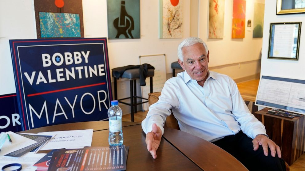 Former New York Mets manager Bobby Valentine speaks during an interview with The Associated Press, Thursday, Oct. 21, 2021, at his campaign headquarters in Stamford, Conn. Valentine is running as an unaffiliated candidate against 35-year-old Harvard-