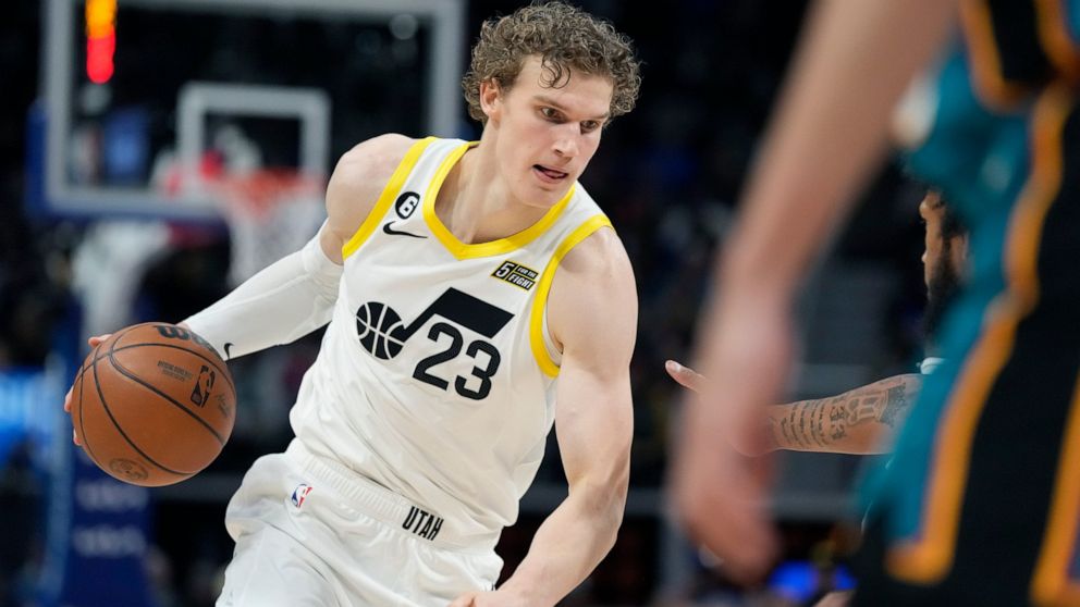 Utah Jazz forward Lauri Markkanen (23) drives during the second half of an NBA basketball game against the Detroit Pistons, Tuesday, Dec. 20, 2022, in Detroit. (AP Photo/Carlos Osorio)