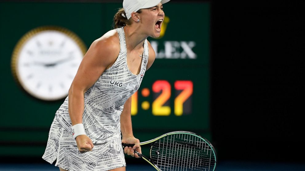 Ash Barty of Australia celebrates after defeating Danielle Collins of the U.S., in the women's singles final at the Australian Open tennis championships in Saturday, Jan. 29, 2022, in Melbourne, Australia. (AP Photo/Andy Brownbill)