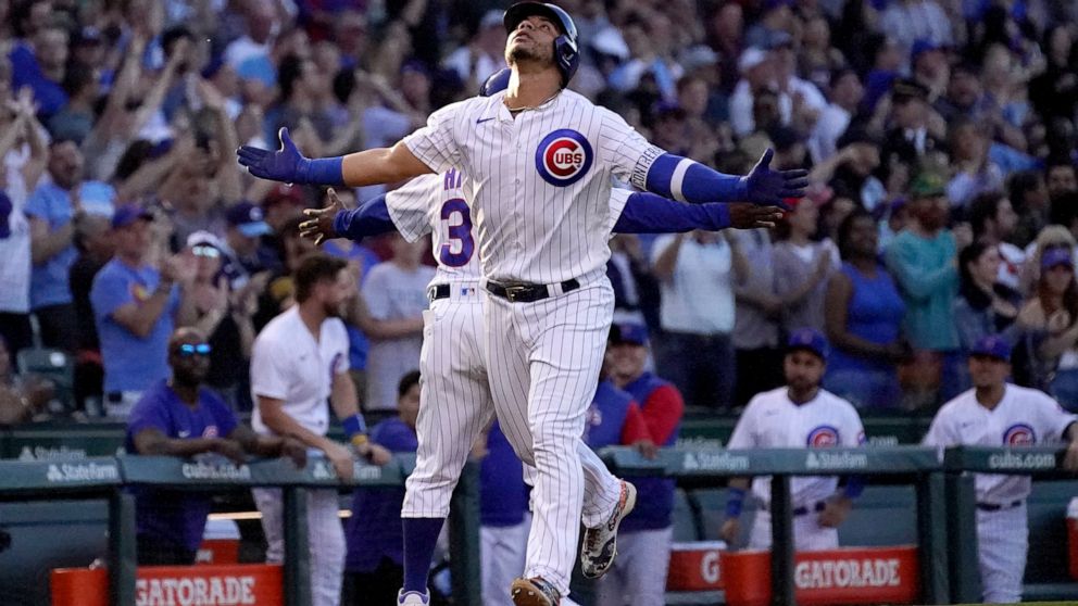 Chicago Cubs' Willson Contreras celebrates his grand slam off Pittsburgh Pirates relief pitcher Bryse Wilson during the first inning of a baseball game Monday, May 16, 2022, in Chicago. (AP Photo/Charles Rex Arbogast)