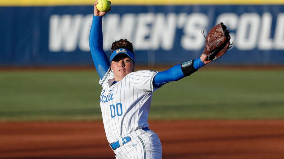 FILE - In this June 4, 2019, file photo, UCLA's Rachel Garcia pitches against Oklahoma during the first inning of Game 2 of the best-of-three championship series in the NCAA softball Women's College World Series in Oklahoma City. UCLA softball player