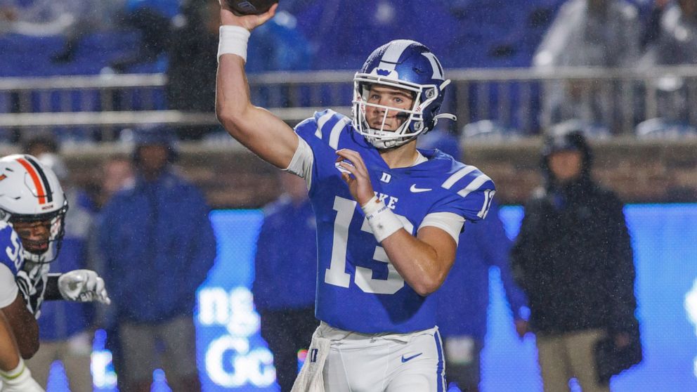 Duke's Riley Leonard throws a pass during the first half of the team's NCAA college football game against Virginia in Durham, N.C., Saturday, Oct. 1, 2022. (AP Photo/Ben McKeown)