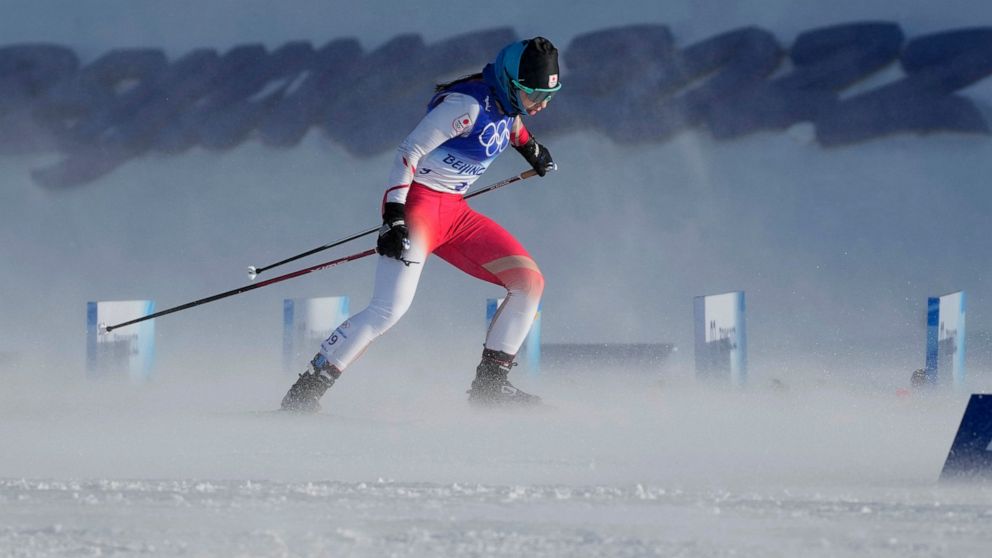 Japan's Masae Tsuchiya competes during the women's 7.5km + 7.5km skiathlon cross-country skiing competition at the 2022 Winter Olympics, Saturday, Feb. 5, 2022, in Zhangjiakou, China. (AP Photo/Aaron Favila)
